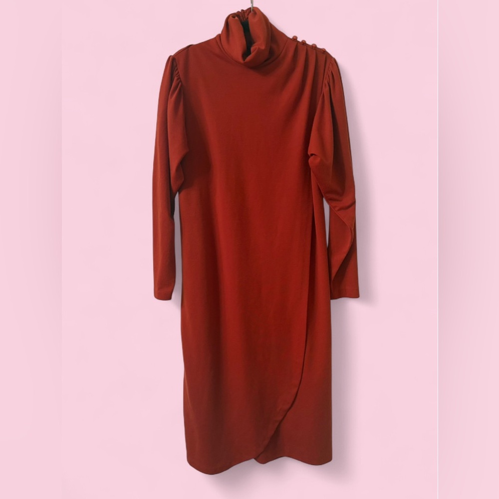 Vintage Avon Fashions Rust Red Mock Neck Midi Dress Size 11/12
